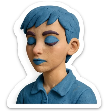 profile picture of a 22-year-old girl with short hair, cool tone makeup, blue shirt, claymation style sticker