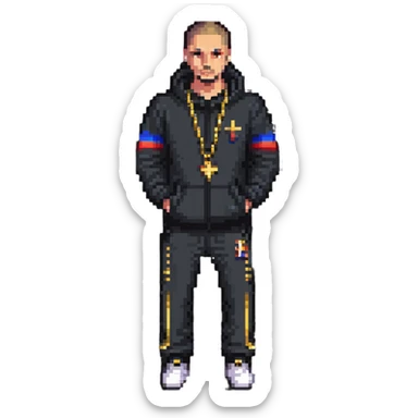Russian gangster wearing a tracksuit and gold chain, pixel art style sticker
