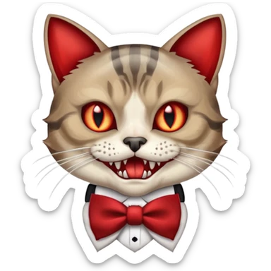 A maceral tabby cat with its mouth open and vampire fangs. The cat has red eyes and is wearing a skull bow tie sticker