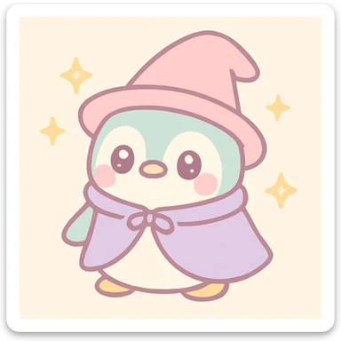 a chubby penguin with a wizard hat and cloak, surrounded by sparkles, in a soft, rounded kawaii illustration style sticker