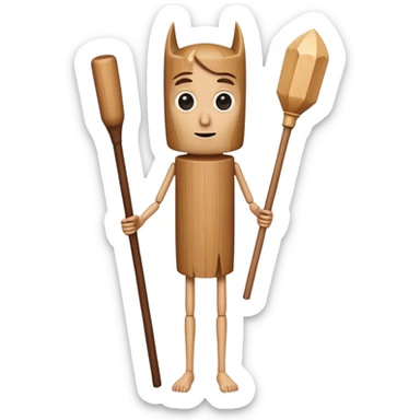 a tall, cylindrical, wooden-like figure with a human-like face, large eyes, and a slight smile. It has small, thin arms and human legs. It appears to be holding a long, wooden stick or bat.
 sticker