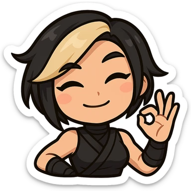 Sexy chibi ninja girl with black short hair and a blonde streak, only head and arms, making an OK sign with her hand, bold outlines, no mask, sized for Twitch emoji use, transparent background. sticker