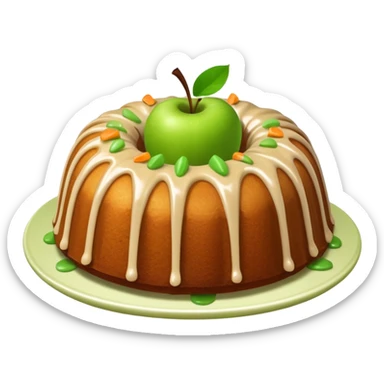 Bundt cake with green apple pieces sprinkled on top and tan sauce sticker