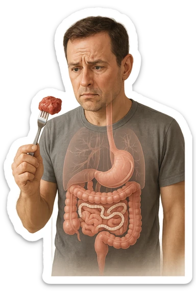 A realistic, high-quality medical illustration showing a concerned man in his early 40s holding a piece of raw beef tartare on a fork, looking at it with a worried expression. Behind him, a transparent overlay of his digestive system reveals the presence of Taenia saginata (beef tapeworm), depicted as a long, segmented white worm inside his intestines, symbolizing the infection. The environment is a kitchen with bright but neutral lighting, creating a serious educational tone. Subtle anatomical highlights and clean medical graphics convey the concept of parasite transmission through undercooked beef, emphasizing food safety and health awareness. sticker