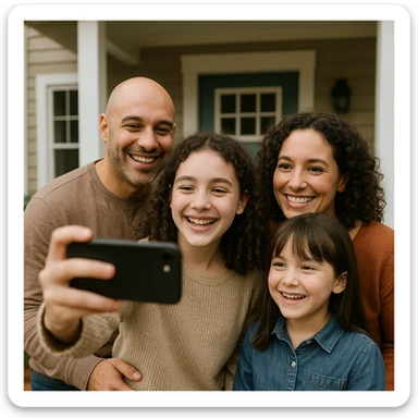A family of four posing for a selfie in front of their home: dad is bald with medium light skin, mom and older daughter have curly hair and pale skin, younger daughter has straight hair and medium light skin. The older daughter is holding the phone, sisters look amused, parents smile. sticker