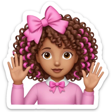 brown girl with brown curly hair and pink bows in her hair waving and wearing pink sticker