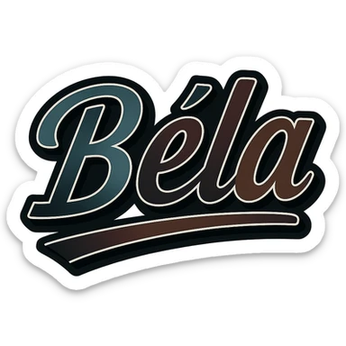 Text image of the name 'Béla' in a modern, dynamic font with masculine gradient colors including blue, green, gray, dark burgundy, brown, and dark blue shades. The text has a thin white outline, a dark outer contour, and an underline. The style is inspired by the Péter sample image. Size 1000x1000 px, PNG format, transparent background. sticker