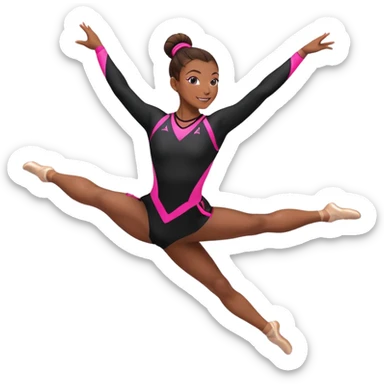 Happy female gymnast with brown hair in a neat bun, wearing a black uniform with neon pink elements, performing an acrobatic move. A female gymnast with brown hair in a neat bun, wearing a black uniform with pink elements, performing an acrobatic move. sticker