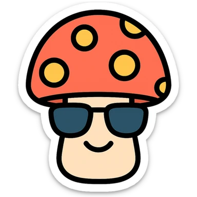 colorful icon of a mushroom with sunglasses and a smile sticker