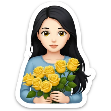 Beautiful girl with long black hair holding a bouquet of yellow roses sticker