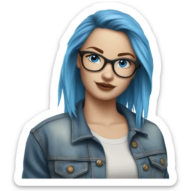 Create a Hyper Realistic pale beautiful tattooed 3D woman with glasses and blue eyes wearing denim jacket sticker