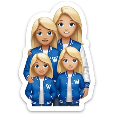 smiling mother in letterman jacket with W Blue eyes, Name is Tini, two Little girls Long blond straight hair and Blue eyes,  sticker