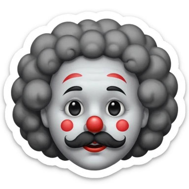 a melancholic clown character with a round gray face, half-closed sleepy eyes with long lashes, a big black round nose, and thick black mustache. Dark fluffy cloud-like hair on the sides of the head.  sticker