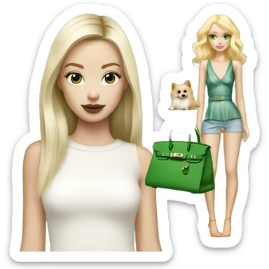 Blonde skinny girl with green eyes and pale skin with white pomeranian and Hermes birkin bag sticker