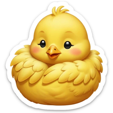 Meme-Worthy Cute Sleeping Yellow Baby Chicken Portrait Emoji, Head resting peacefully with a contented smile, showcasing a delightfully tiny build and a luxuriously soft bright yellow downy coat, eyes shut in a serene, restful nap, Simplified yet hilariously adorable features, highly detailed, glowing with a soft, drowsy light, high shine, relaxed and utterly lovable, stylized with an air of playful laziness, bright and heartwarming, soft glowing outline, capturing the essence of a comically sleepy chick, so meme-worthy it feels like it could instantly become the next viral sensation of adorable slumber! sticker