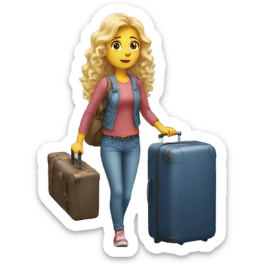 Blonde girl with curly long hair carrying luggage with a confused look sticker