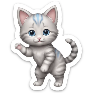 Cute blue eyed gray baby girl kitten standing on back legs sticker