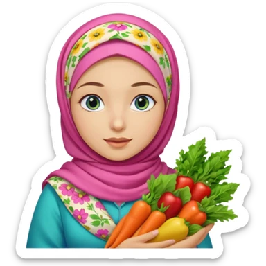 Turkish beautiful finish Konya girl blue eyes with floral pink and yellow hijab and green red dress and she had on her hand vegetables  sticker