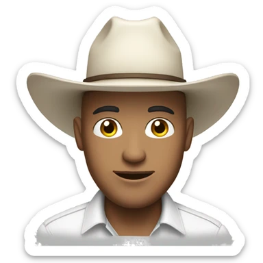 bald guy in white shirt wearing a cowboy hat with the sides folded up sticker