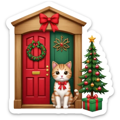 A door with a cat in front of it with h christmas elements on the door sticker