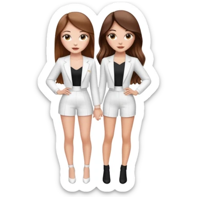 👯‍♀️ generate this emoji, as two white girls, bffs, the same pose but maybe the outfit cuter. we are models. both with brown hair. one girl in white outfit, the other in black. luxury outfits  sticker