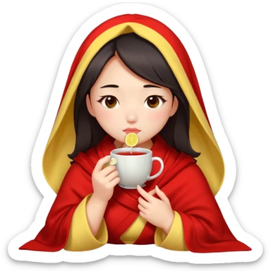 cute and sexy chinese girl, feeling sick up, nose and cheecks red by blush, covered by blanket, drinking tea with lemon sticker