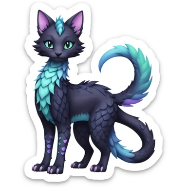 Kawaii black pastel iridescent beautiful pretty elegant divine edgy fantasy feline-vernid-sergal-fursona animal creature with a tufted tail full body with intricate markings  sticker