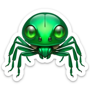 Cinematic Noble Green Bugdie Portrait Emoji, Poised and regal, with a tiny, delicate build and a vibrant, well-detailed emerald exoskeleton, deep-set soulful multifaceted eyes, Simplified yet sharp and sophisticated features, highly detailed, glowing with a soft, dignified glow, high shine, intelligent and alert, stylized with an air of miniature majesty, focused and attentive, soft glowing outline, capturing the essence of a watchful and confident insect, so majestic it feels as though it could scuttle out of the screen with effortless authority! sticker