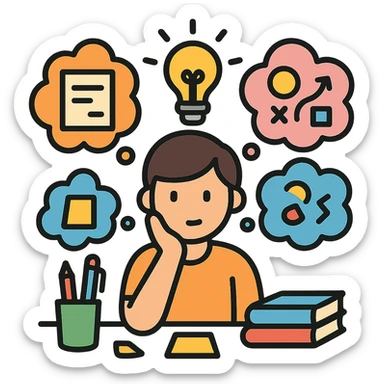 curious individual brainstorming ideas, surrounded by thought bubbles filled with sketches, notes, and abstract concepts, bright light bulb above their head symbolizing inspiration, cozy workspace with creative tools like pens, sticky notes, and books, color outline icon style, 4:5 aspect ratio sticker
