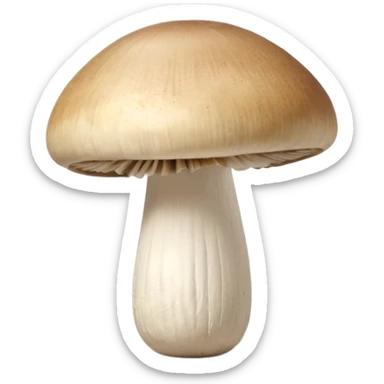 whole champignon de Paris, three-quarter angle, rounded cap, stubby stem, off-white, pale beige, natural shading, light bruising, fresh and raw, 3D-rendered, minimal, no faces, transparent background sticker