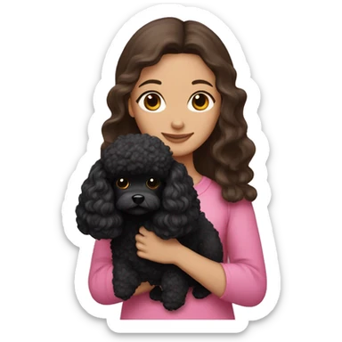 Brunette long hair girl , in pink top holding a black toy poodle sticker