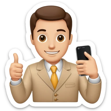 Enthusiastic salesman with phone and thumbs up sticker
