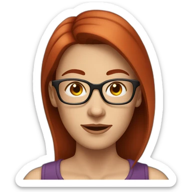 white woman with darker red hair at shoulder level with glasses and big nose. elongated face sticker