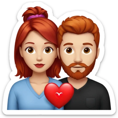 👩🏼‍❤️‍👨🏽 Something like this, but make the guy more lighter and give the girl a bit more red hair like ginger style make the guy have dark brown hair, same with the beard and add a heart in the middle above us make the guy have brunette beard and hair sticker