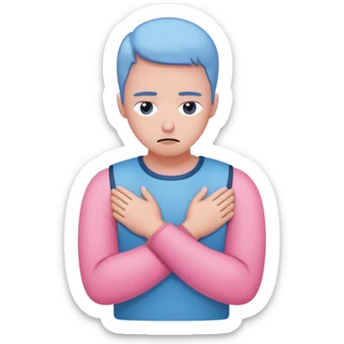 avoidant person with guarded neutral expression and slightly distant eyes, body posture leaning away with arms crossed creating emotional barrier, small shield or wall symbol nearby, phone face down being ignored, minimal soft rounded design with gentle blue and pink colors matching anxious attachment style sticker