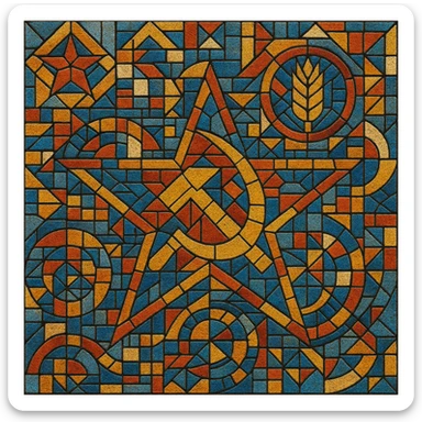 Soviet mosaic pattern in the style of Kerama Marazzi ceramic tiles, intricate geometric shapes, vibrant colors sticker