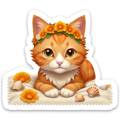 A fiery orange kitten with sun-kissed fur, wearing a tiny flower crown made of marigolds, lounging on a warm beach towel, surrounded by seashells, golden sparkles, and glowing summer sun. sticker