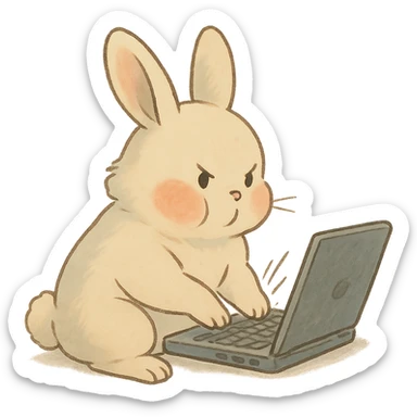 vanilla bunny typing fast, cheeks puffed, soft Ghibli style sticker