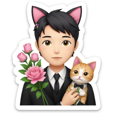 Gorgeous romantic anime style Asian formal modern shojo guy with cat ears and flowers and blushing face aesthetic trending style outside sticker