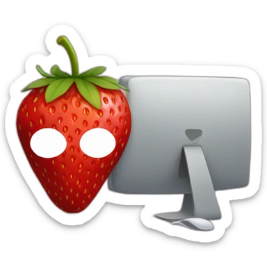 a strawberry with the body of a man with eyes a mouth a nose and everything else the strawberry is in front of a computer with a mask that hides his eyes so that we don't recognize his face sticker