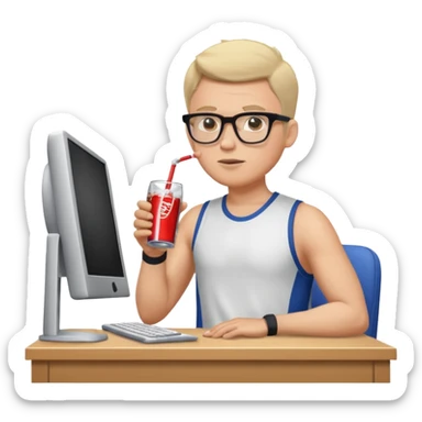 Hombre blanco con gafas tomando un refresco frente a un ordenador con ropa de deorte sticker