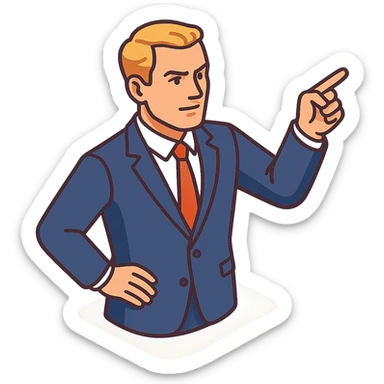 Confident male leader, Caucasian, short neat blonde hair, sharp eyes, indigo jacket, one arm raised gicing direction, waist-up, front-facing sticker