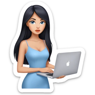 Glamours tanned very beautiful girl with pump peach nude lips and black straight smooth long hair, blue-grey eyes in beautiful clothing with MacBook sticker
