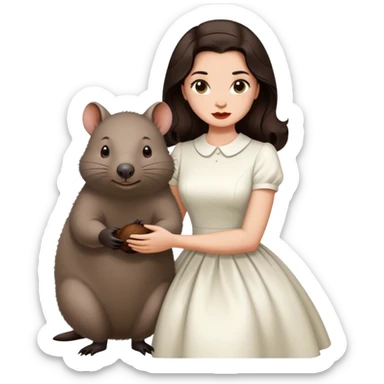 Beautiful woman in 1950’s woman fashion look, white dress, long dark brown hair, wombat sticker