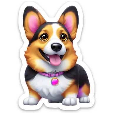Tri-colored corgi with black near temples in the style of Lisa Frank with TY tag sticker