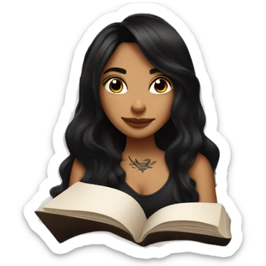 Girl with long black hair and tattoos reading a book in bed wearing black  sticker