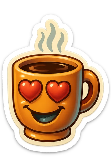 Ink wash style, coffee cup creature, big heart eyes, dopey smile sticker