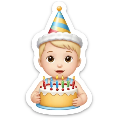 cute baby wearing birthday hat with birthday cake sticker