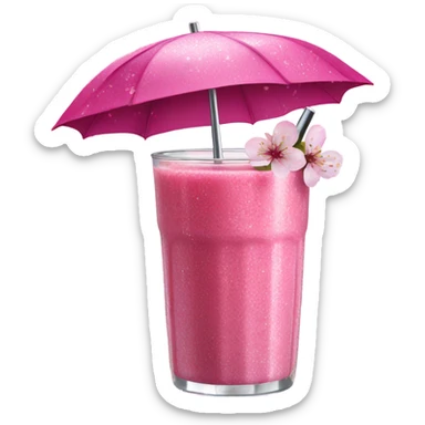 Hot pink smoothie with glitter, cherry blossom, and straw with umbrella  sticker
