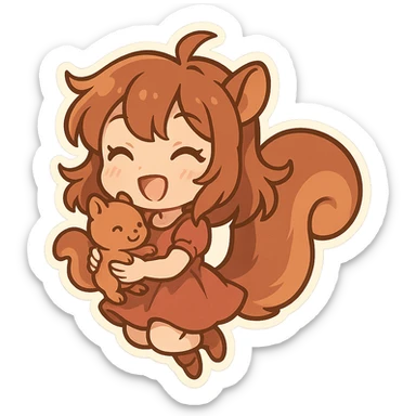 chibi stickers style squirrel girl with a bushy tail, holding a baby squirrel, energetic and happy sticker